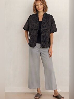 Eileen Fisher women’s organic cotton tie front short sleeve Jacket black & Tan L